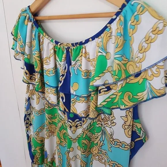 International INC Company Blouse White Blue Green Gold  Ruffled NeckWaist… - Picture 9 of 10